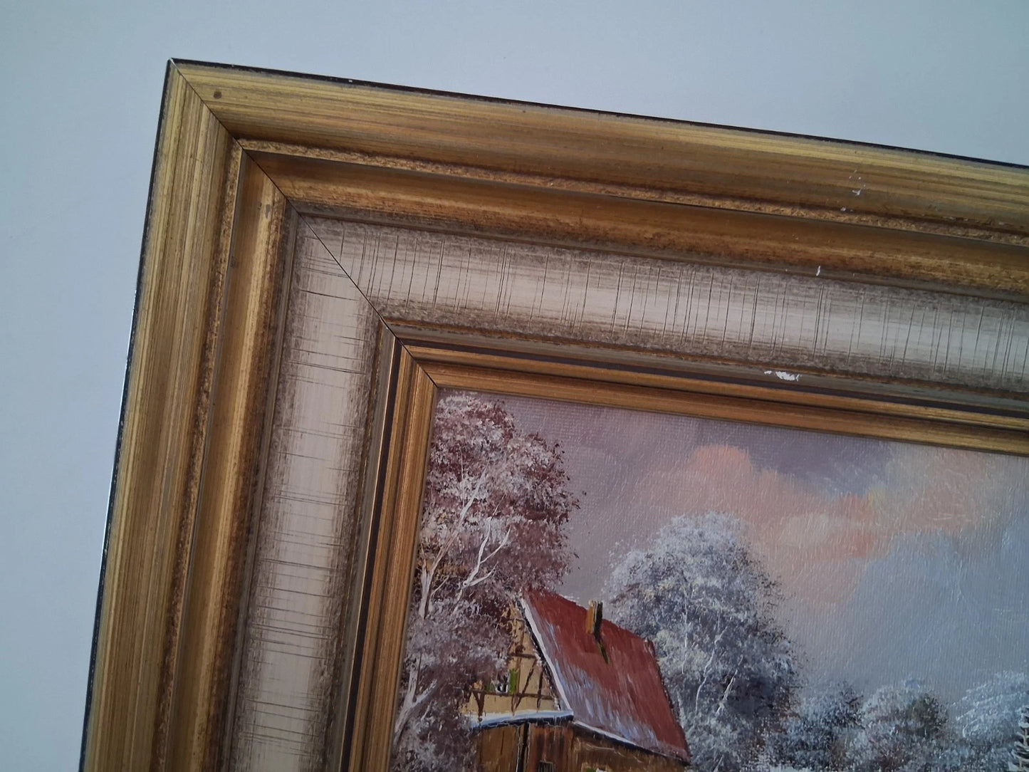ORIGINAL Ölgemälde auf Karton inkl. Rahmen | Bauernhaus / Winterlandschaft mit Figur | Signiert