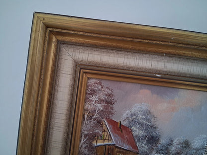 ORIGINAL Ölgemälde auf Karton inkl. Rahmen | Bauernhaus / Winterlandschaft mit Figur | Signiert