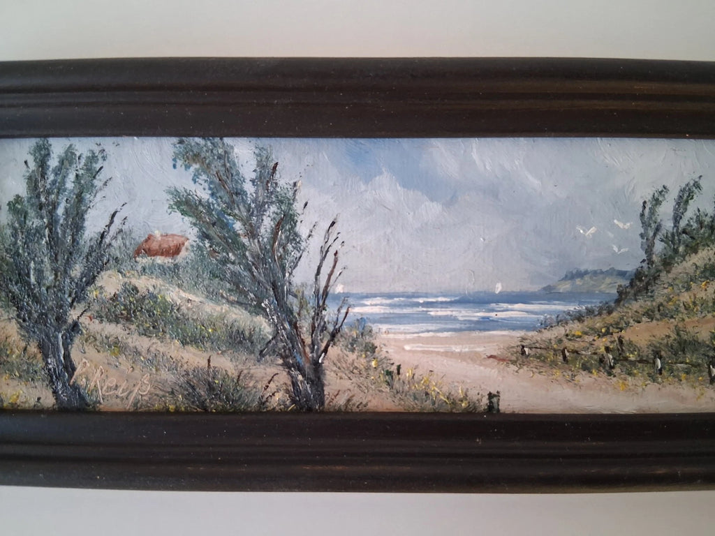 KLEINES ORIGINAL Ölgemälde auf Karton inkl. Rahmen | Strand / Küste / Meer | 17x7 cm | Signiert
