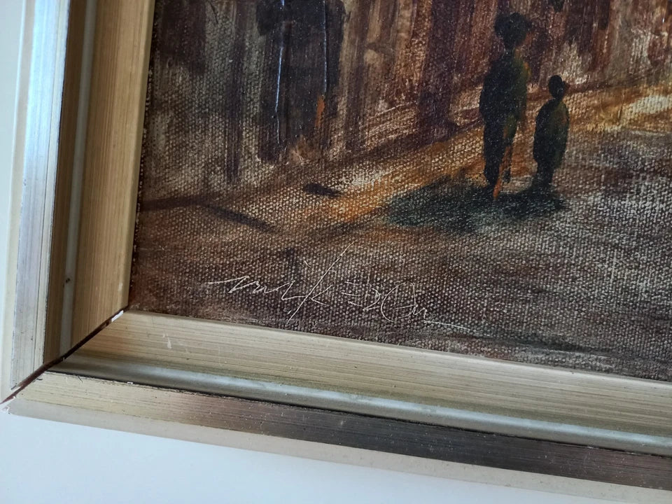 ORIGINAL Ölgemälde auf Leinwand inkl. Rahmen | Stadtansicht / Stadtszene mit Figuren | Signiert