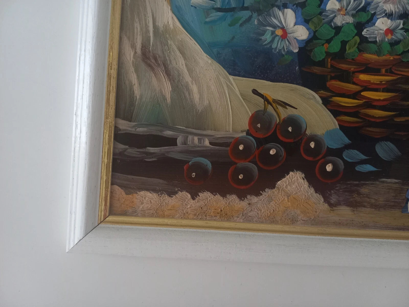 ORIGINAL Ölgemälde auf Karton inkl. Rahmen | Stillleben / Blumen / Obst | 27x23 cm | Vintage