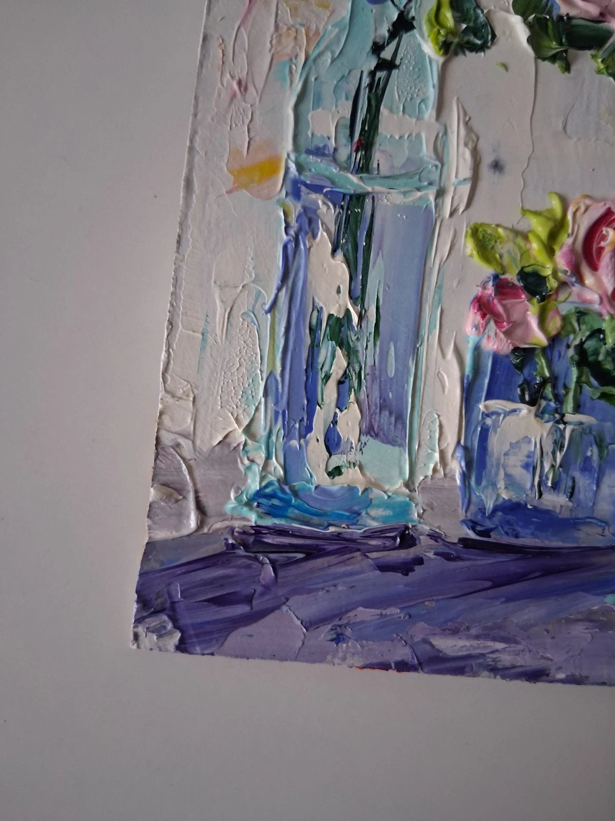 ORIGINAL Ölgemälde auf Karton | Stillleben / Rosen im Glas / Blumenvase | 10x15 cm | Signiert