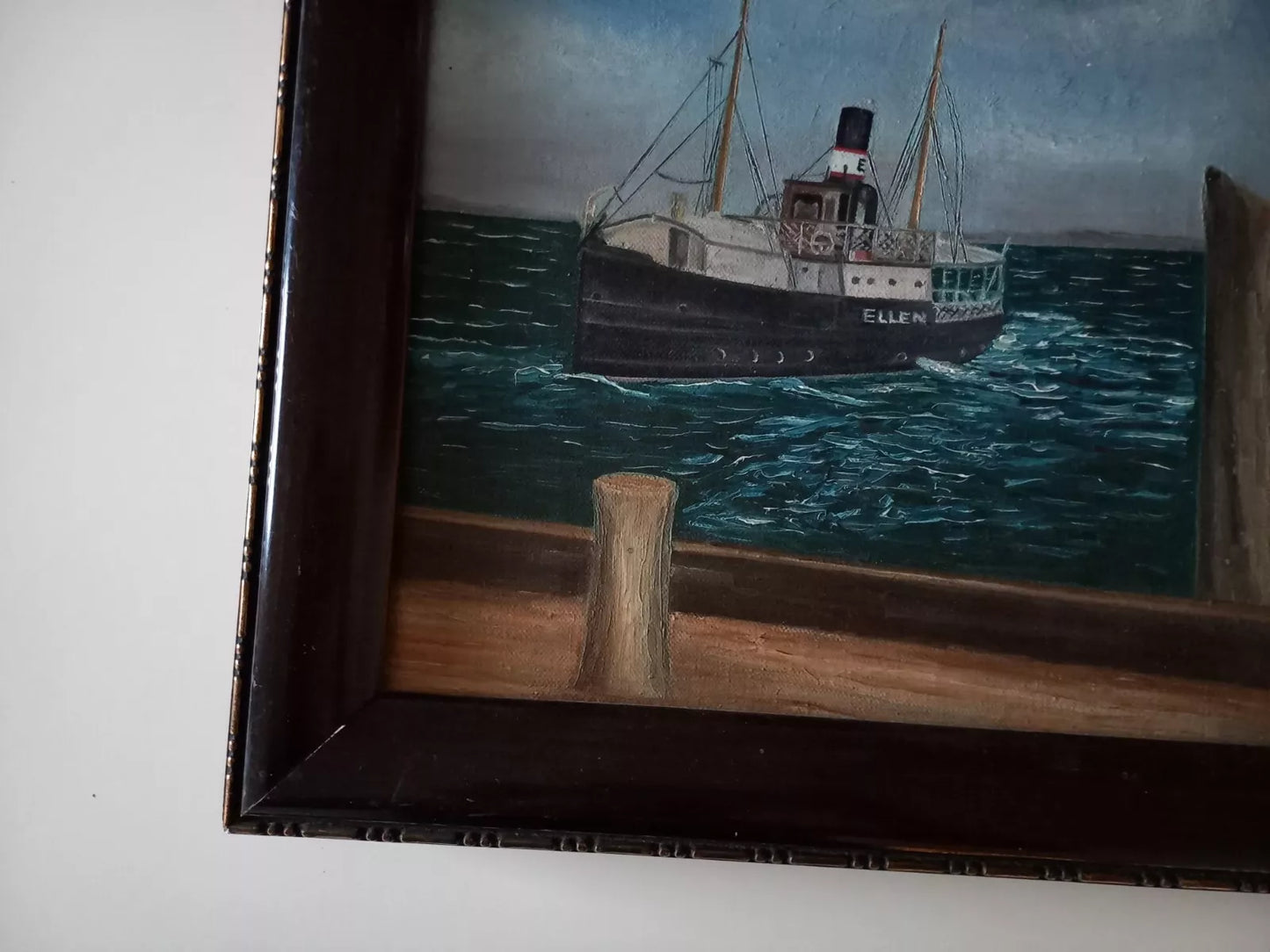 ORIGINAL Ölgemälde auf Leinwand inkl. Rahmen | Dampfschiff "Ellen" beim Anlegen | 35x32 cm