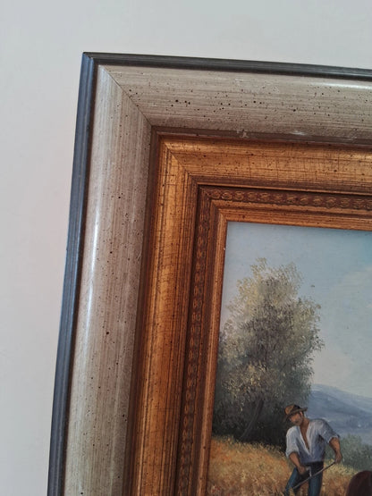 ORIGINAL Ölgemälde auf Holzplatte inkl. Rahmen | Landwirtschaft / Heuernte / Figuren | Signiert
