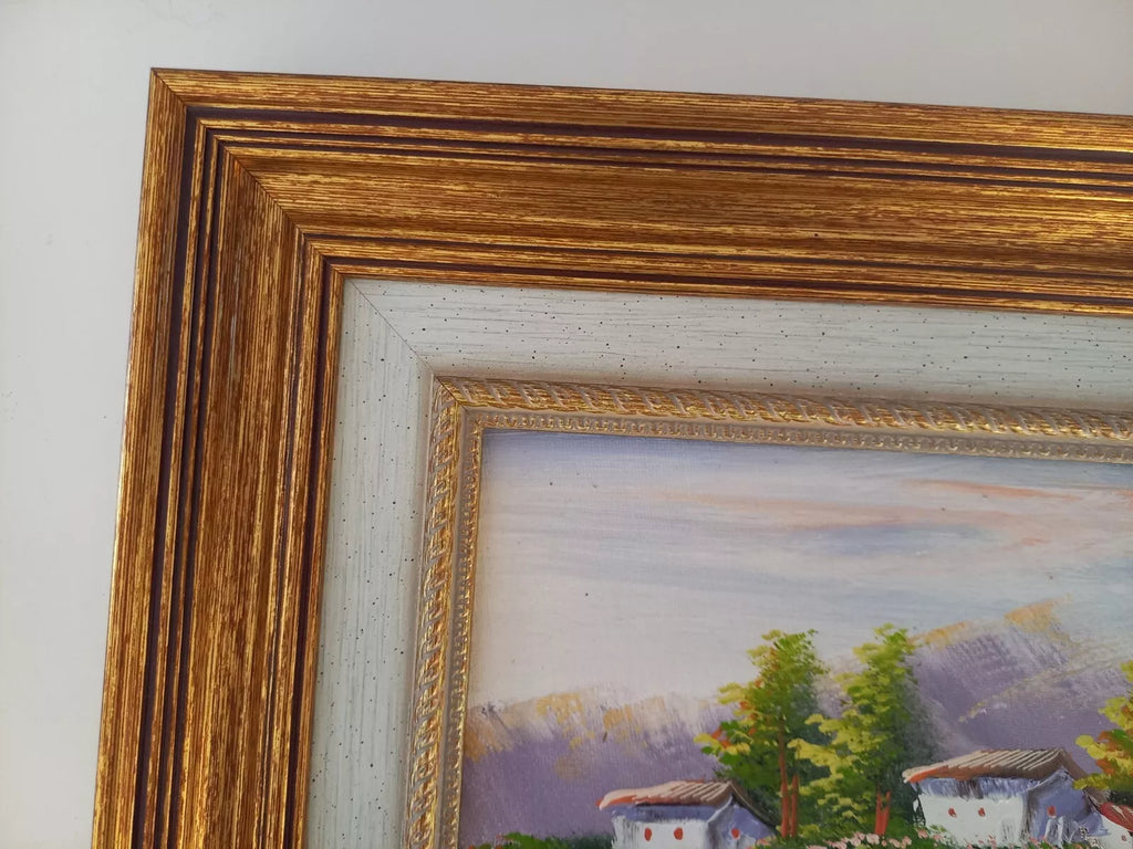 ORIGINAL Ölgemälde auf Leinwand inkl. Rahmen | Flusslandschaft / Berge | 38x33 cm | Signiert