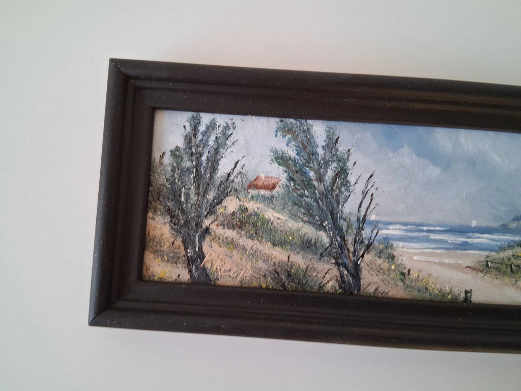 KLEINES ORIGINAL Ölgemälde auf Karton inkl. Rahmen | Strand / Küste / Meer | 17x7 cm | Signiert