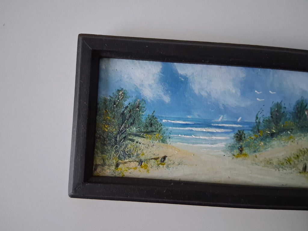 KLEINES ORIGINAL Ölgemälde auf Karton inkl. Rahmen | Strand / Küste / Meer | 13x6 cm | Signiert