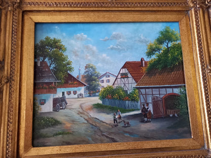 ORIGINAL Ölgemälde auf Holzplatte inkl. antikem Rahmen | Fachwerkhäuser / Dorfleben | Signiert