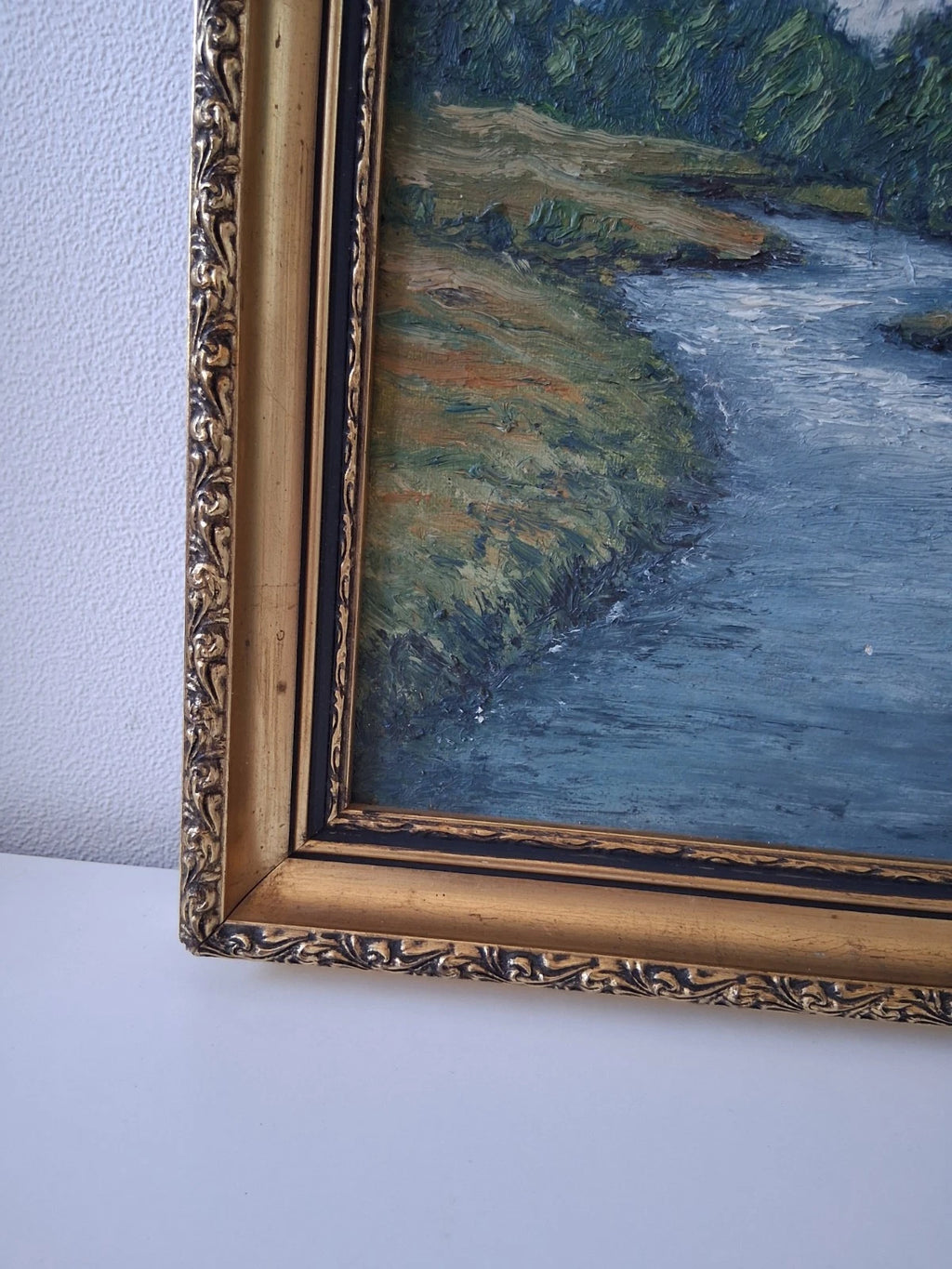 ORIGINAL Ölgemälde auf Leinwand inkl. antikem Rahmen | Flusslandschaft | 36x36 cm | Signiert