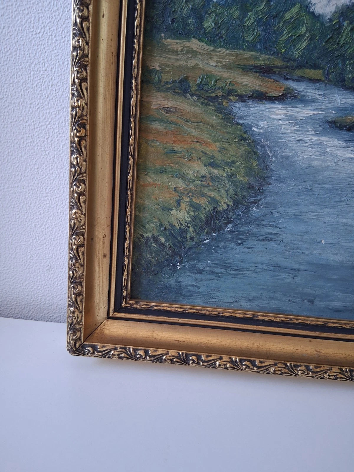 ORIGINAL Ölgemälde auf Leinwand inkl. antikem Rahmen | Flusslandschaft | 36x36 cm | Signiert