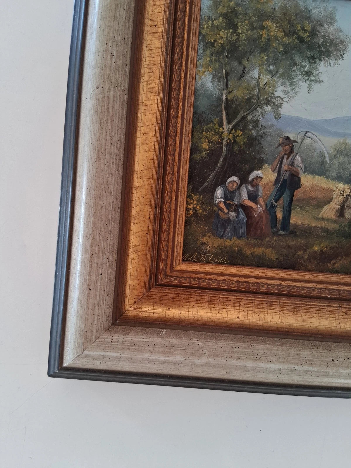 ORIGINAL Ölgemälde auf Holzplatte inkl. Rahmen | Landwirtschaft / Heuernte / Figuren | Signiert