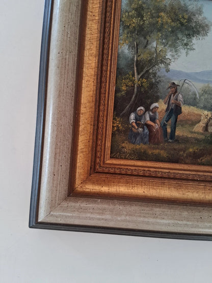 ORIGINAL Ölgemälde auf Holzplatte inkl. Rahmen | Landwirtschaft / Heuernte / Figuren | Signiert