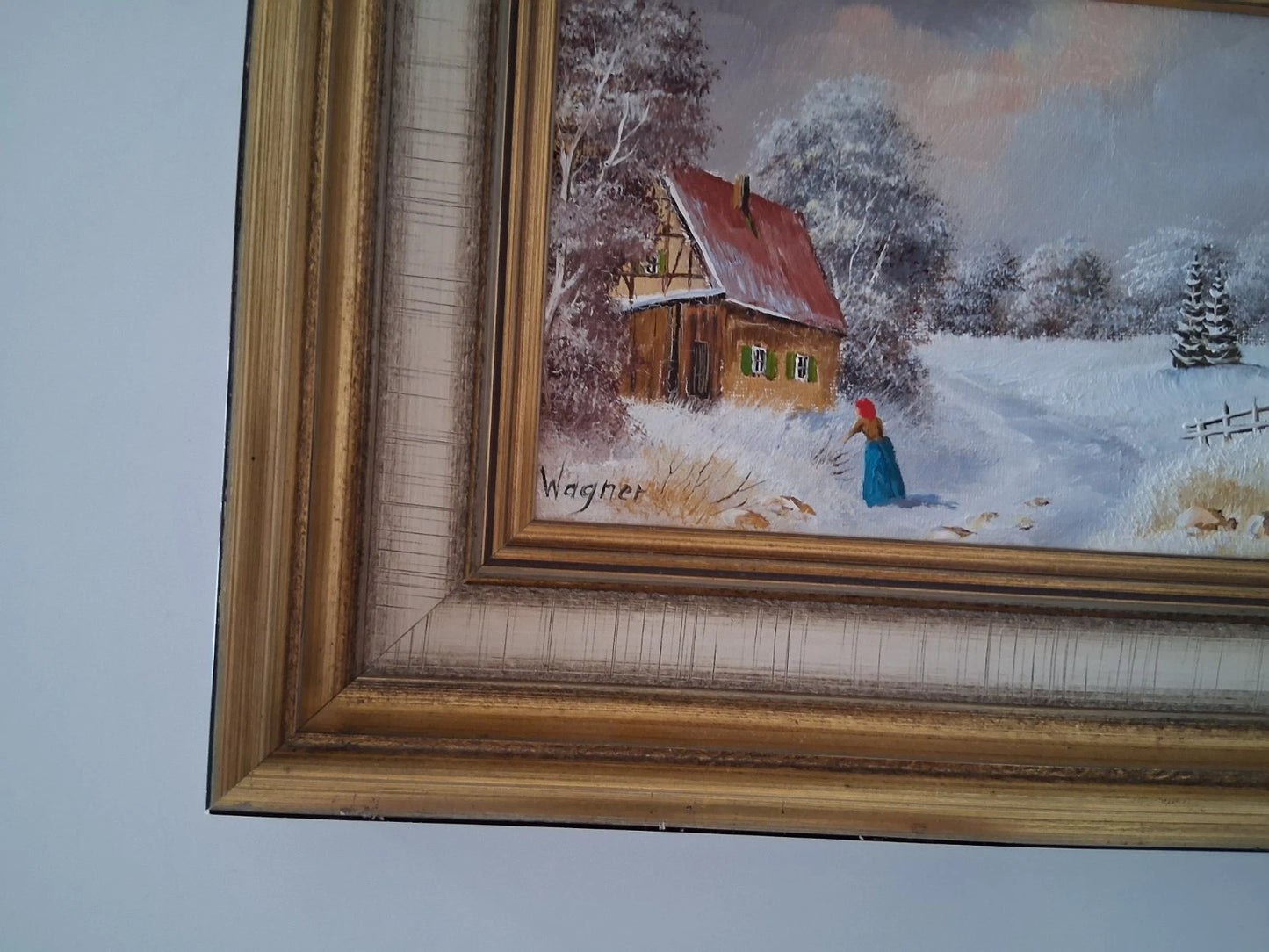 ORIGINAL Ölgemälde auf Karton inkl. Rahmen | Bauernhaus / Winterlandschaft mit Figur | Signiert