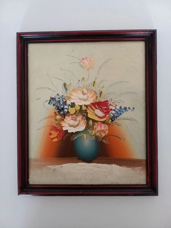 ORIGINAL Ölgemälde auf Karton inkl. Rahmen | Stillleben / Blumenvase | 22x26 cm | Vintage