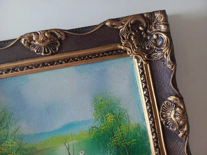 ORIGINAL Ölgemälde auf Leinwand inkl. Holzrahmen | Sommerlandschaft am See mit Figuren