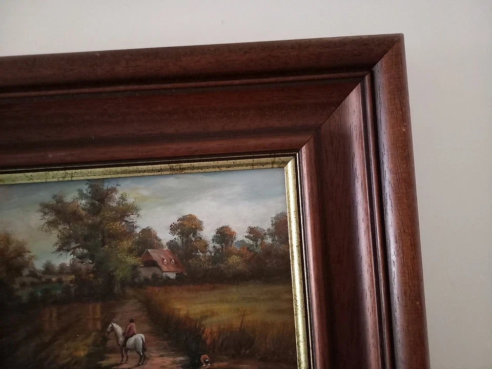 ORIGINAL Ölgemälde auf Holzplatte inkl. Rahmen | Reiter mit Pferd / Bauernhaus / Natur | 31x26 cm