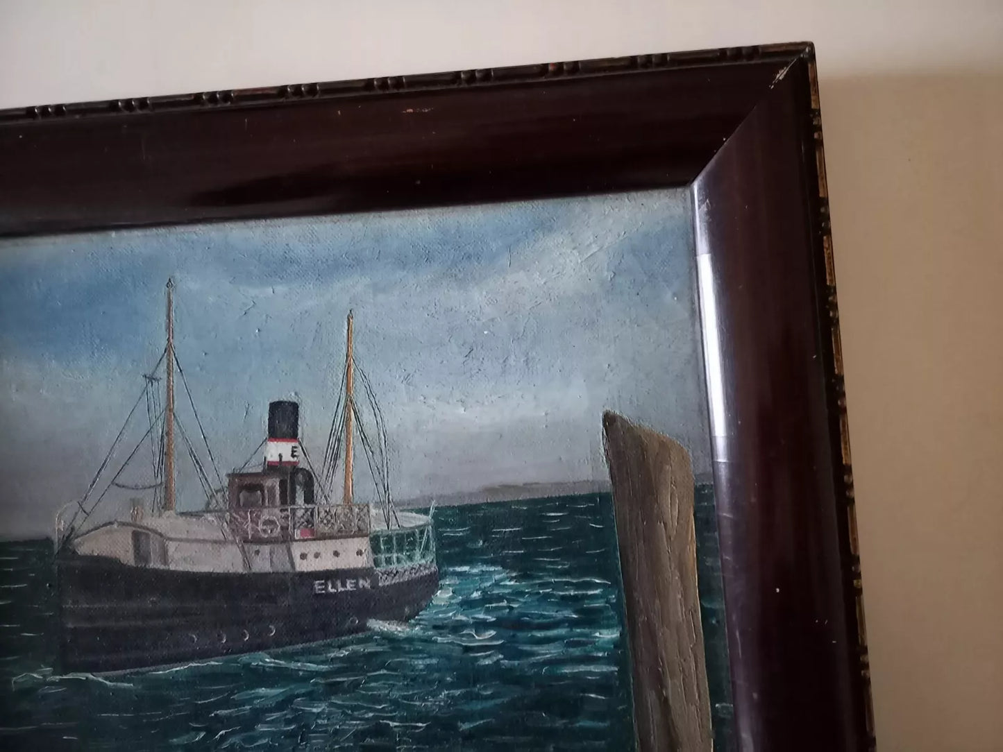 ORIGINAL Ölgemälde auf Leinwand inkl. Rahmen | Dampfschiff "Ellen" beim Anlegen | 35x32 cm