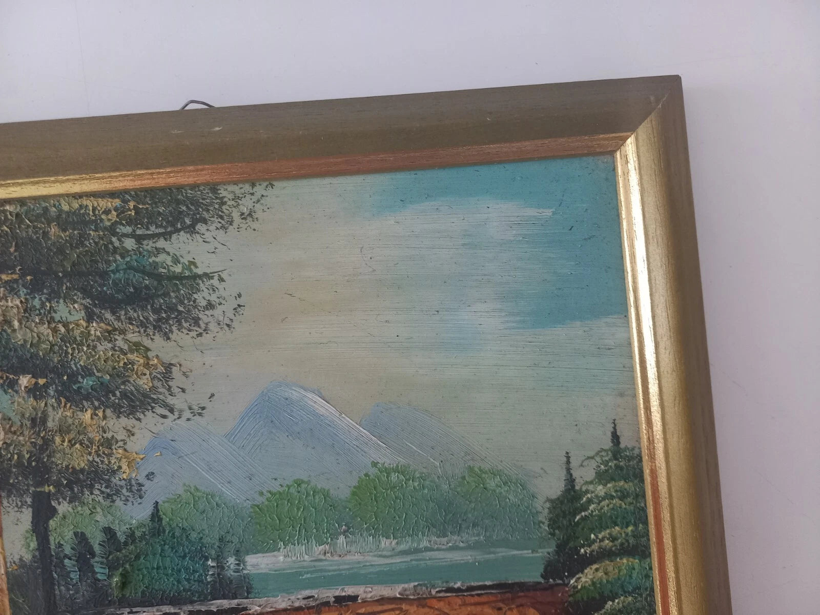 ORIGINAL Ölgemälde auf Karton inkl. Rahmen | Landschaft / Natur / Fluss | 27x23 cm | Vintage