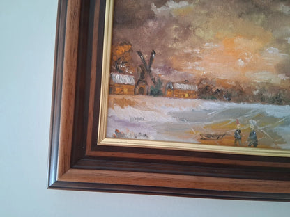 ORIGINAL Ölgemälde auf Leinwand inkl. Rahmen | Winterlandschaft / Windmühle | Signiert