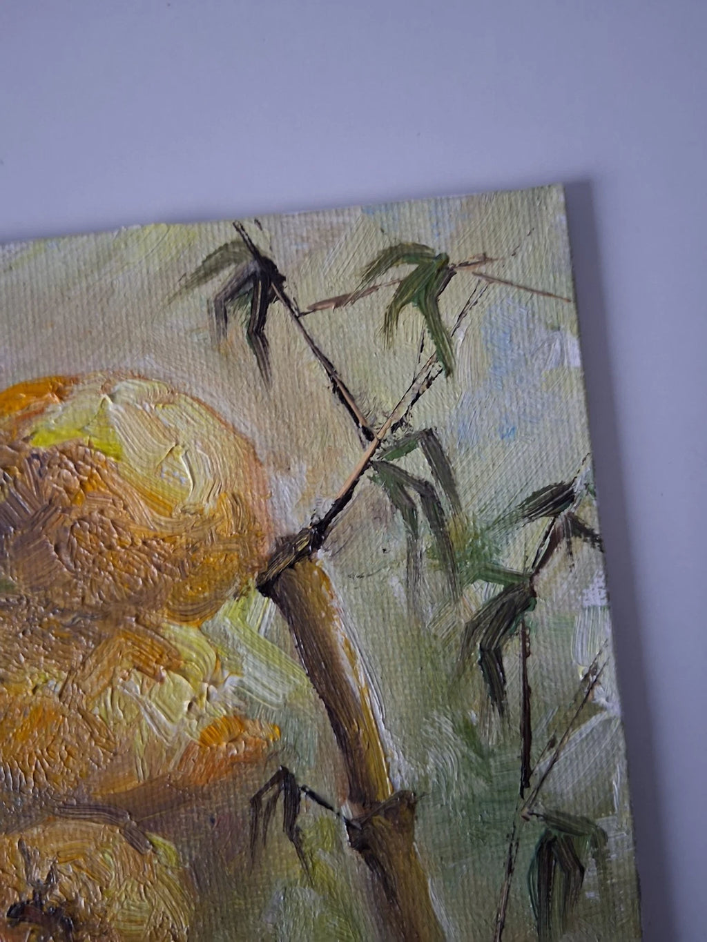 ORIGINAL Ölgemälde auf Karton | Zitronen und Bambus / Pflanzen | 13x18 cm | Signiert