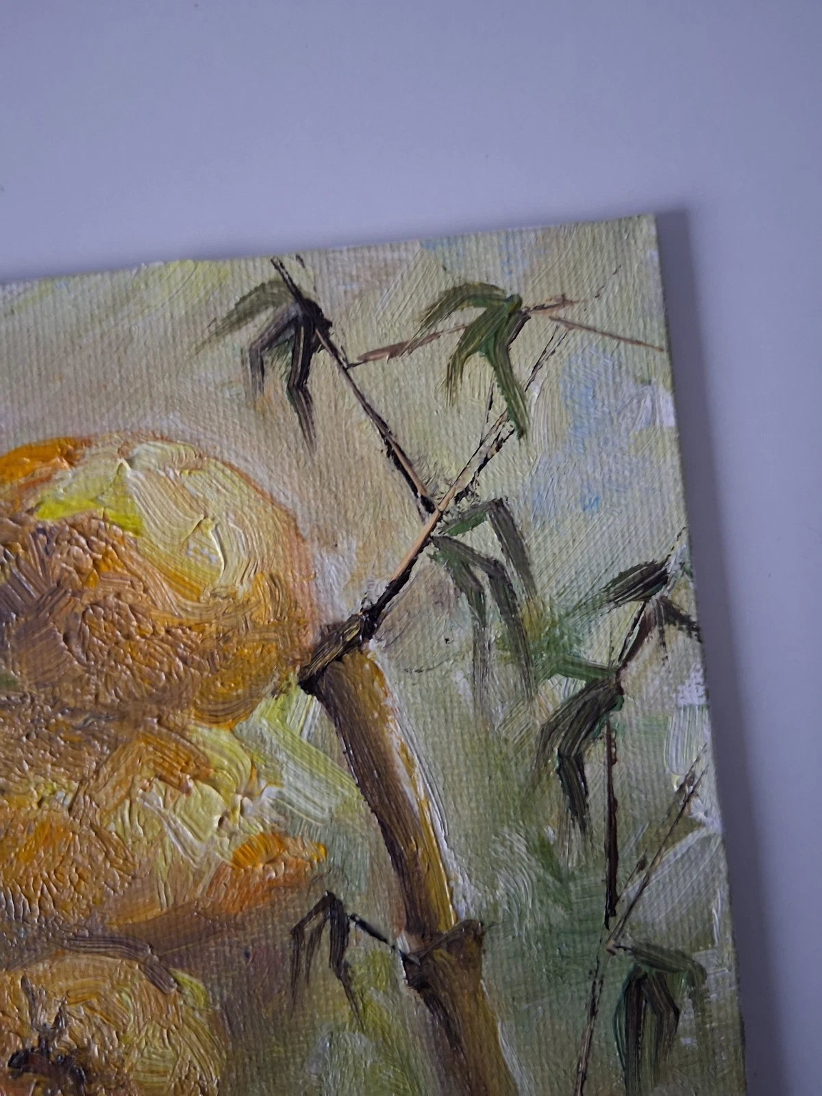 ORIGINAL Ölgemälde auf Karton | Zitronen und Bambus / Pflanzen | 13x18 cm | Signiert
