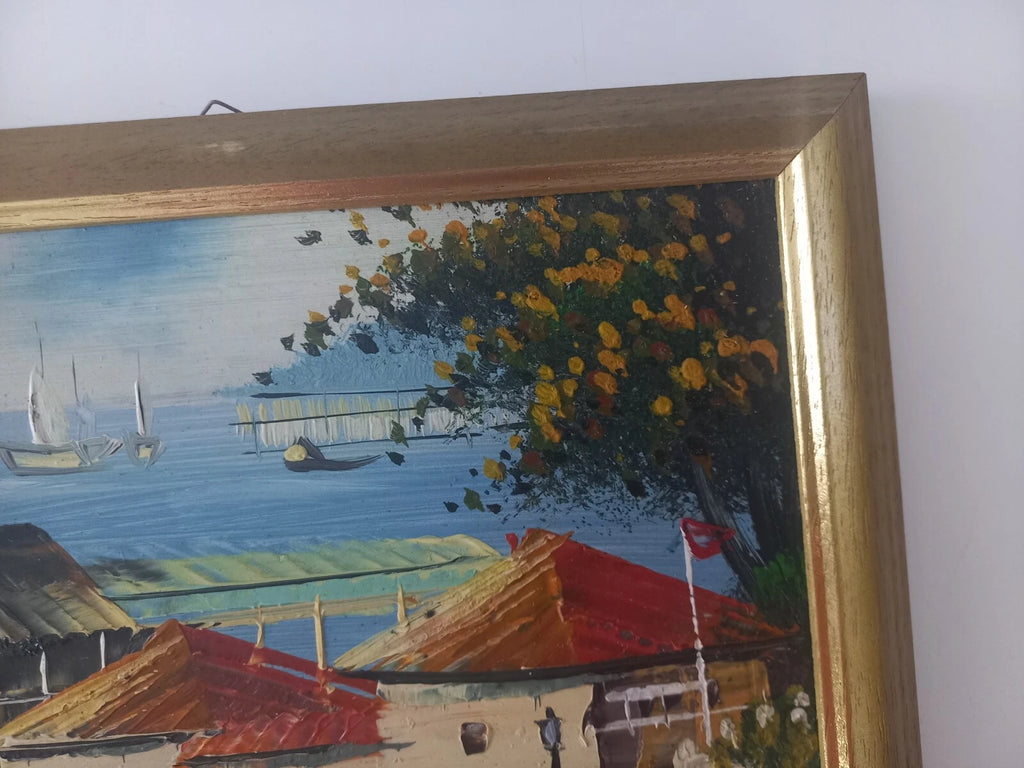 ORIGINAL Ölgemälde auf Karton inkl. Rahmen | Landschaft / Küste / Meer | 27x23 cm | Vintage