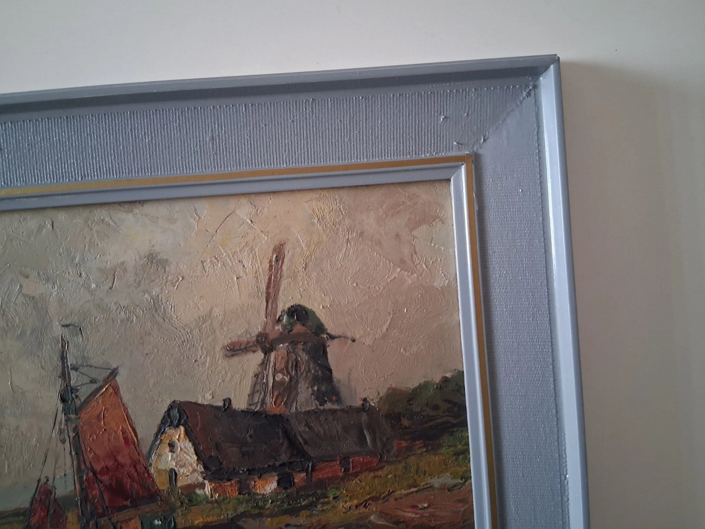 ORIGINAL Ölgemälde auf Karton inkl. Rahmen | Segelboot / Windmühle | 39x33 cm | Signiert
