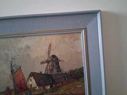 ORIGINAL Ölgemälde auf Karton inkl. Rahmen | Segelboot / Windmühle | 39x33 cm | Signiert