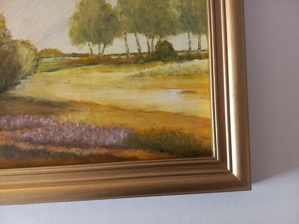 ORIGINAL Ölgemälde auf Karton inkl. Rahmen | Heidelandschaft | 28x22 cm | Signiert: NAST