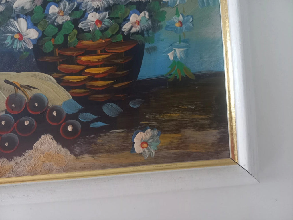 ORIGINAL Ölgemälde auf Karton inkl. Rahmen | Stillleben / Blumen / Obst | 27x23 cm | Vintage