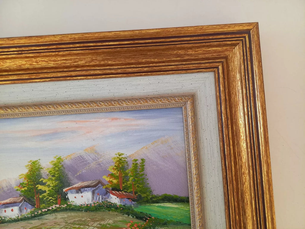 ORIGINAL Ölgemälde auf Leinwand inkl. Rahmen | Flusslandschaft / Berge | 38x33 cm | Signiert