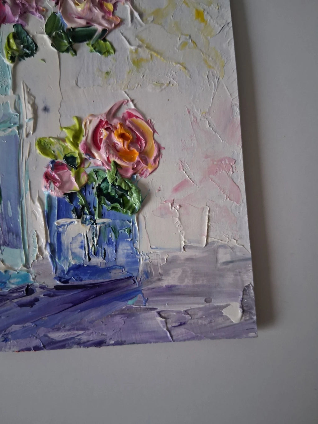 ORIGINAL Ölgemälde auf Karton | Stillleben / Rosen im Glas / Blumenvase | 10x15 cm | Signiert