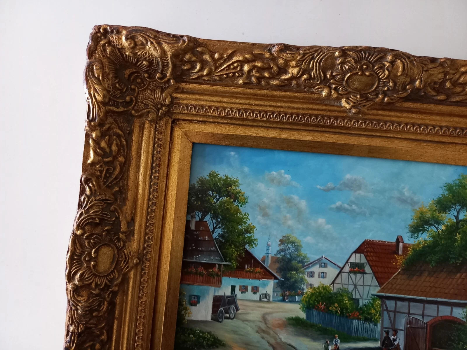 ORIGINAL Ölgemälde auf Holzplatte inkl. antikem Rahmen | Fachwerkhäuser / Dorfleben | Signiert