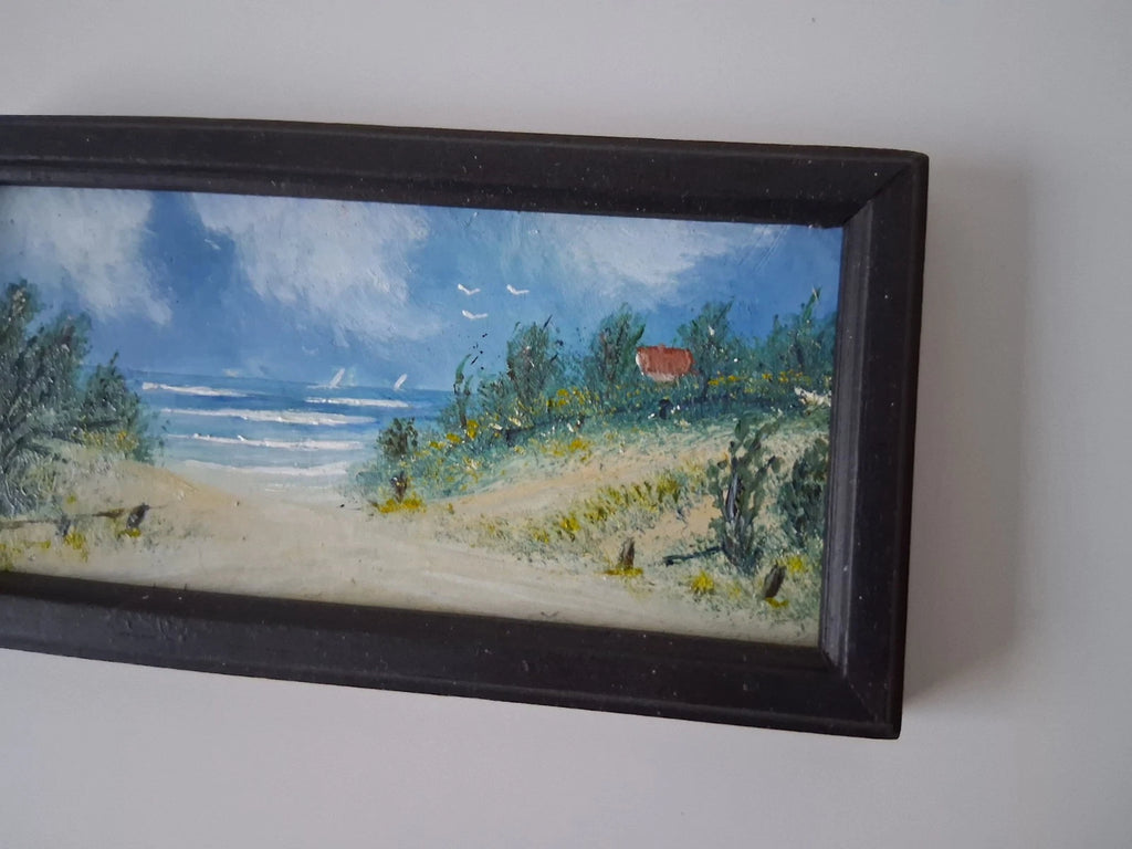 KLEINES ORIGINAL Ölgemälde auf Karton inkl. Rahmen | Strand / Küste / Meer | 13x6 cm | Signiert
