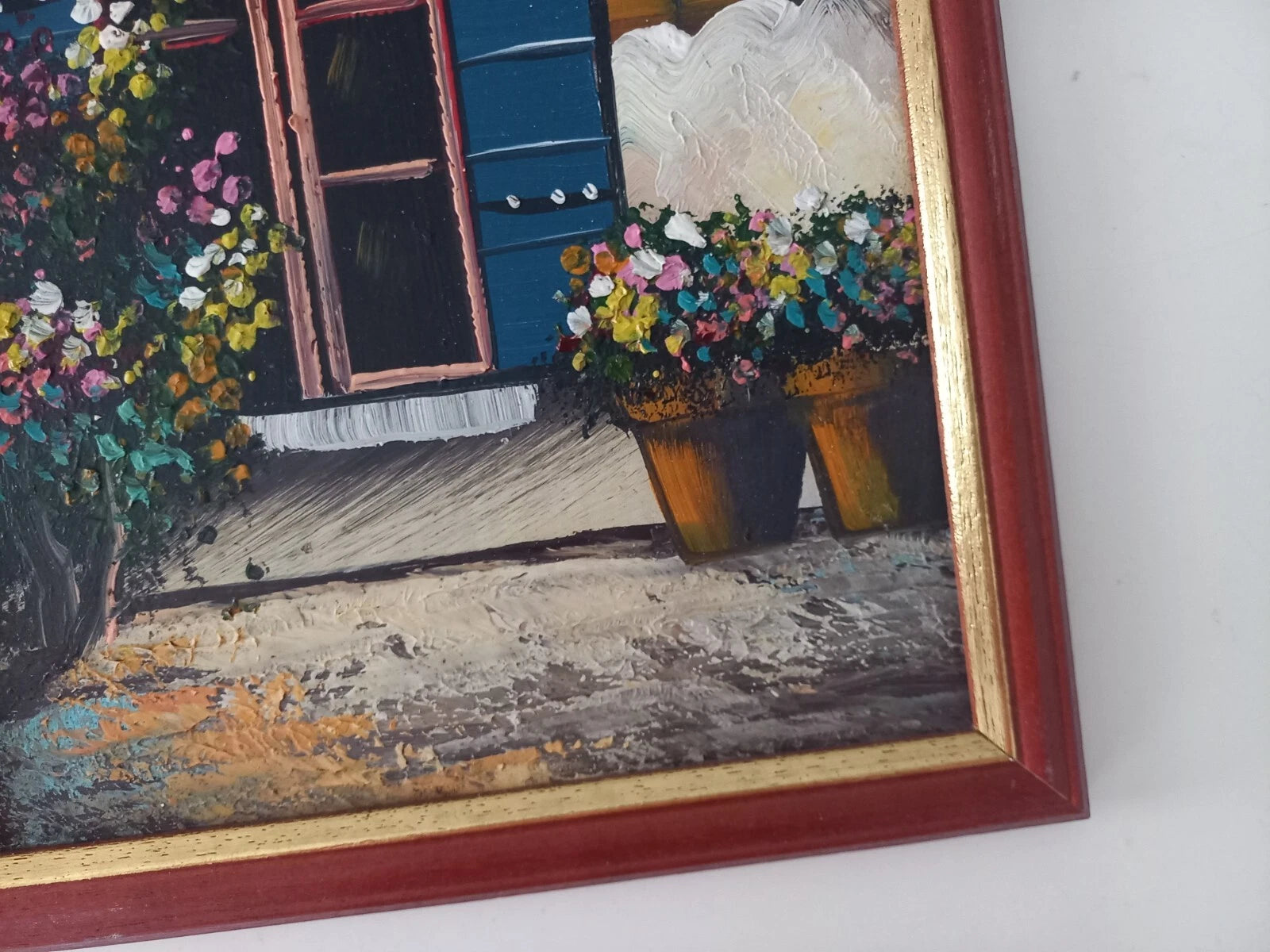 ORIGINAL Ölgemälde auf Karton inkl. Rahmen | Blumen vor dem Fenster | 23x27 cm | Vintage