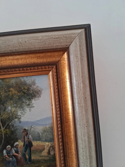 ORIGINAL Ölgemälde auf Holzplatte inkl. Rahmen | Landwirtschaft / Heuernte / Figuren | Signiert