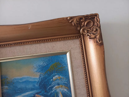 ORIGINAL Ölgemälde auf Leinwand inkl. Rahmen | Berglandschaft / Natur / Fluss | 23x20 cm