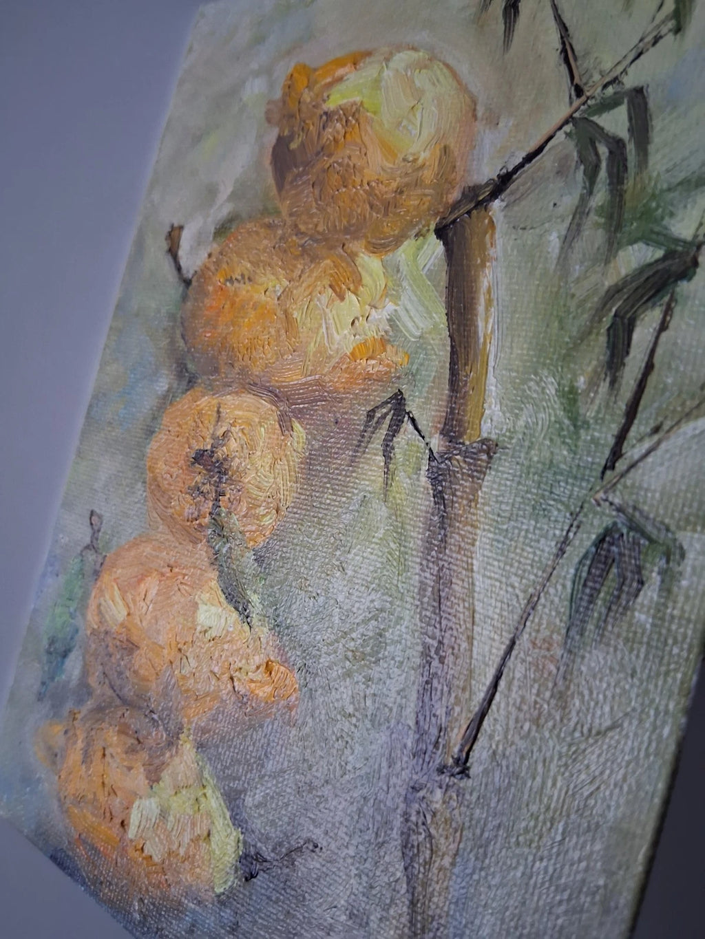 ORIGINAL Ölgemälde auf Karton | Zitronen und Bambus / Pflanzen | 13x18 cm | Signiert