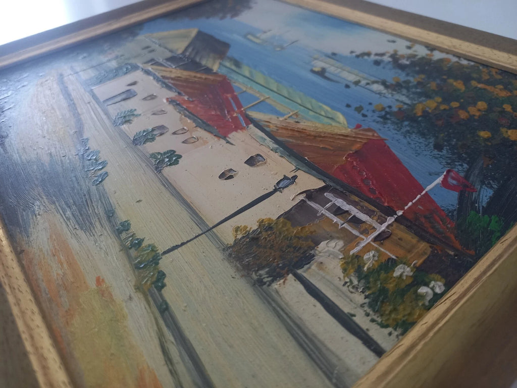 ORIGINAL Ölgemälde auf Karton inkl. Rahmen | Landschaft / Küste / Meer | 27x23 cm | Vintage