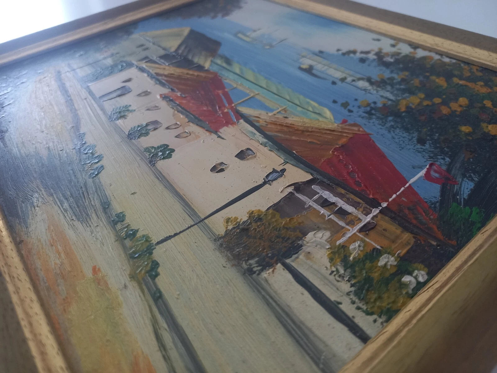 ORIGINAL Ölgemälde auf Karton inkl. Rahmen | Landschaft / Küste / Meer | 27x23 cm | Vintage