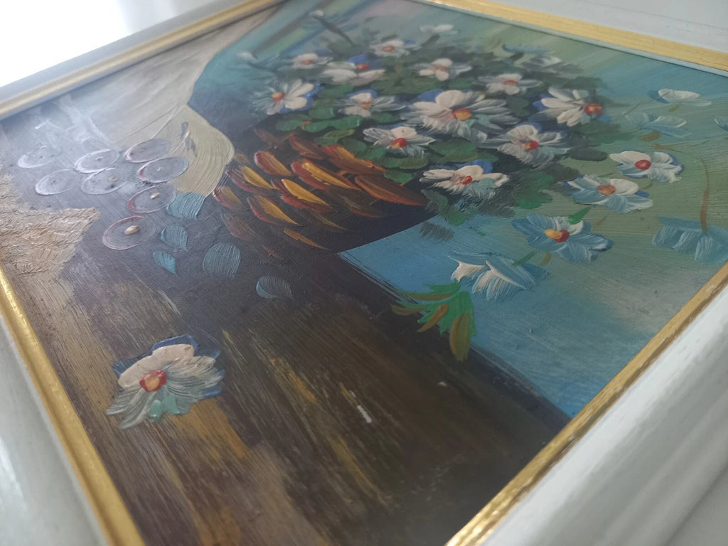 ORIGINAL Ölgemälde auf Karton inkl. Rahmen | Stillleben / Blumen / Obst | 27x23 cm | Vintage