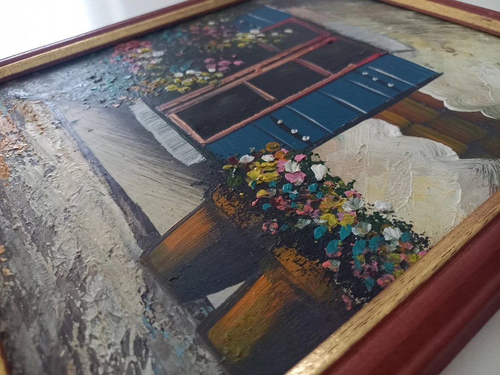 ORIGINAL Ölgemälde auf Karton inkl. Rahmen | Blumen vor dem Fenster | 23x27 cm | Vintage