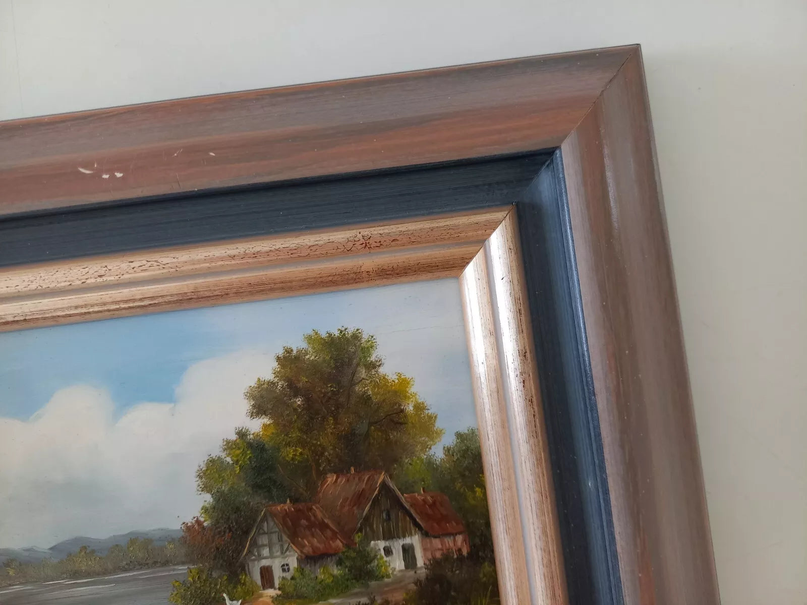 ORIGINAL Ölgemälde auf Holzplatte | Landschaft / Bauernhaus am See | Signiert: VON PAPEN