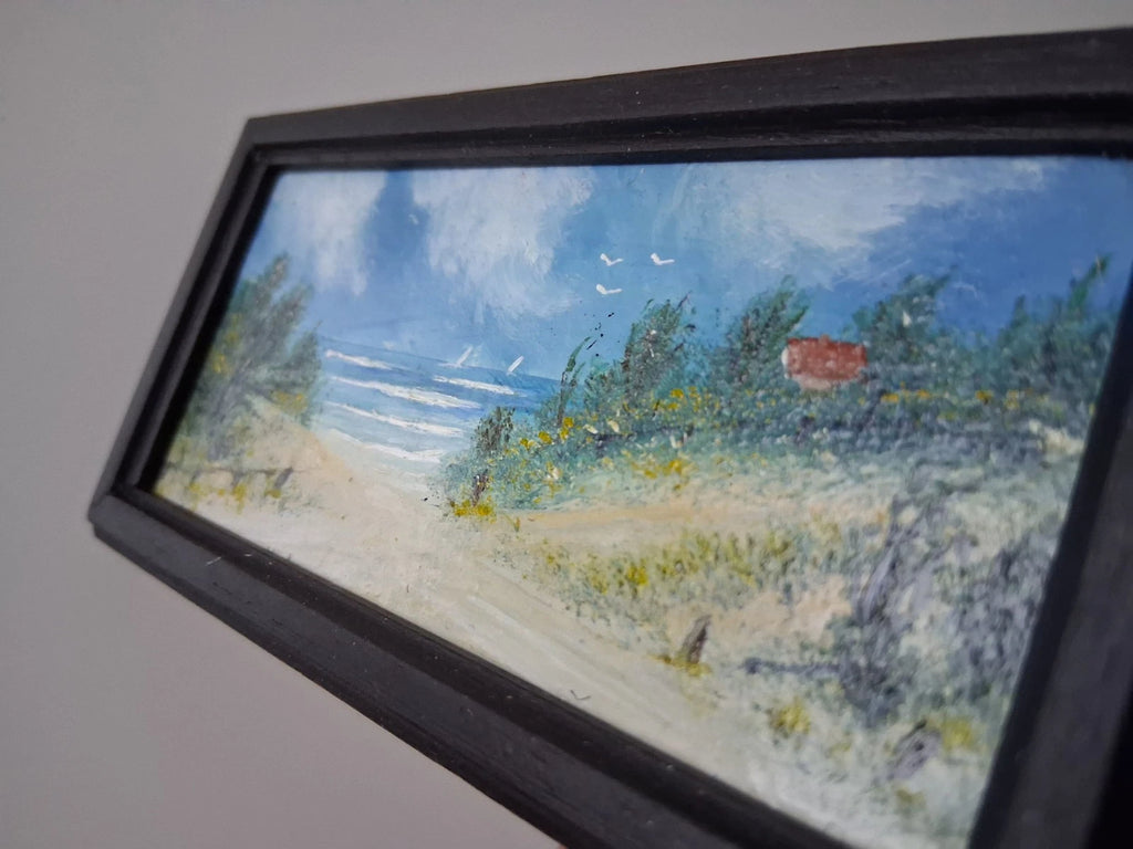 KLEINES ORIGINAL Ölgemälde auf Karton inkl. Rahmen | Strand / Küste / Meer | 13x6 cm | Signiert