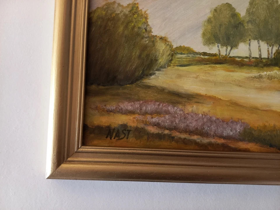 ORIGINAL Ölgemälde auf Karton inkl. Rahmen | Heidelandschaft | 28x22 cm | Signiert: NAST