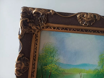 ORIGINAL Ölgemälde auf Leinwand inkl. Holzrahmen | Sommerlandschaft am See mit Figuren