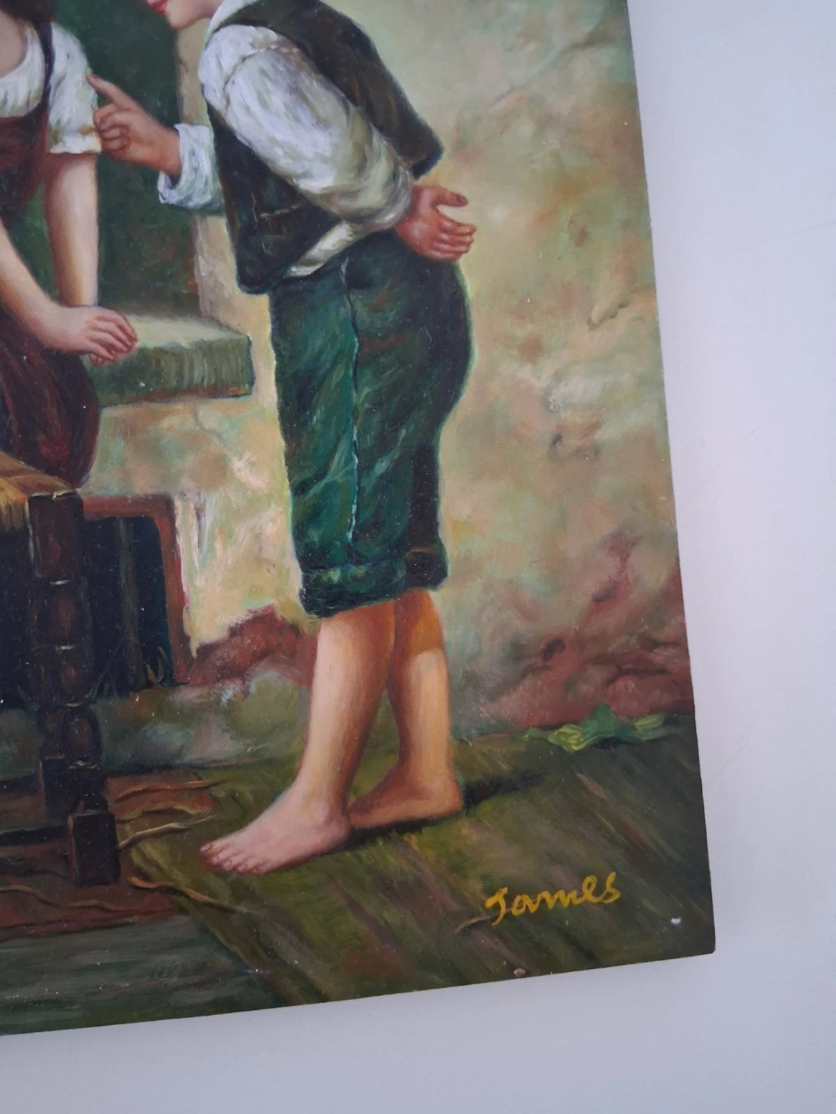 ORIGINAL Ölgemälde auf Holzplatte | Kinder mit Hund / Portrait | 20x25 cm | Signiert: JAMES