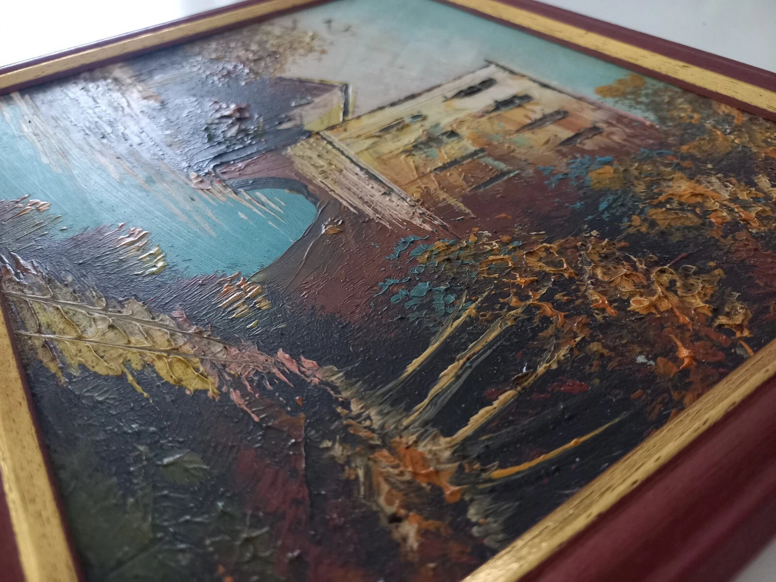 ORIGINAL Ölgemälde auf Karton inkl. Rahmen | Landschaft / Fluss / Natur | 27x23 cm | Vintage