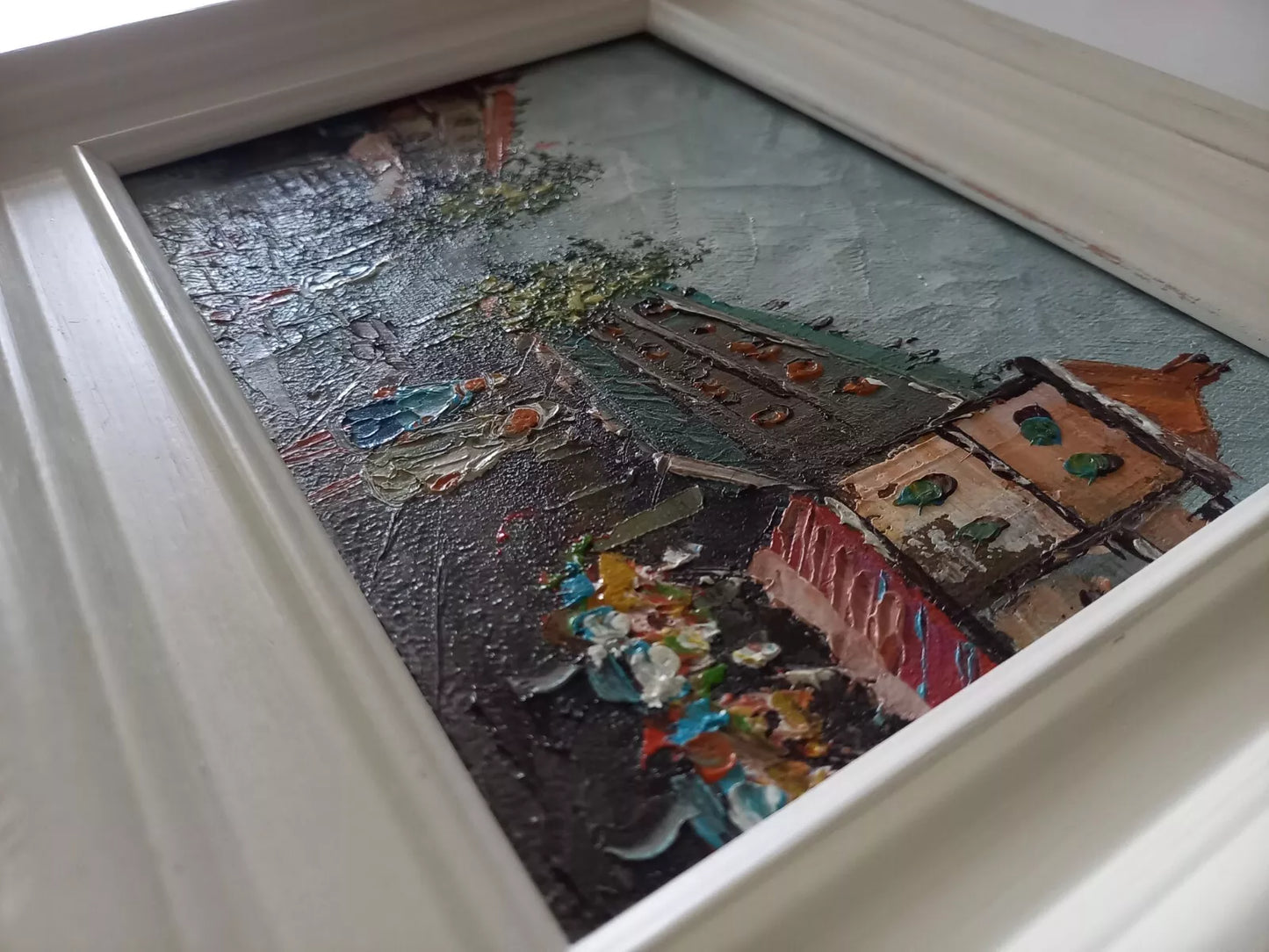ORIGINAL Ölgemälde auf Leinwand inkl. Rahmen | Stadtszene / Stadtbild mit Figuren | 26x21 cm