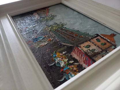 ORIGINAL Ölgemälde auf Leinwand inkl. Rahmen | Stadtszene / Stadtbild mit Figuren | 26x21 cm